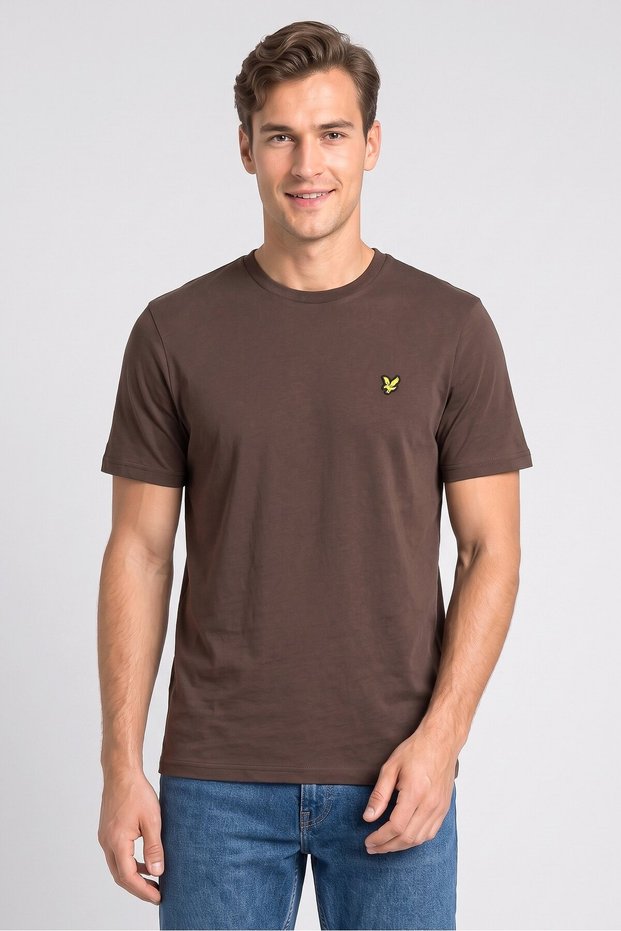 Men Crew Neck Short Sleeve Embroidered Logo T-Shirt, Dark Brown