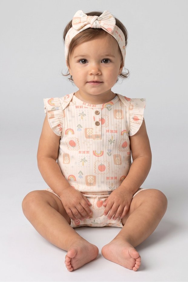 Toddlers Girl 2 Pcs Allover Print Romper With Headband Set, Multicolor