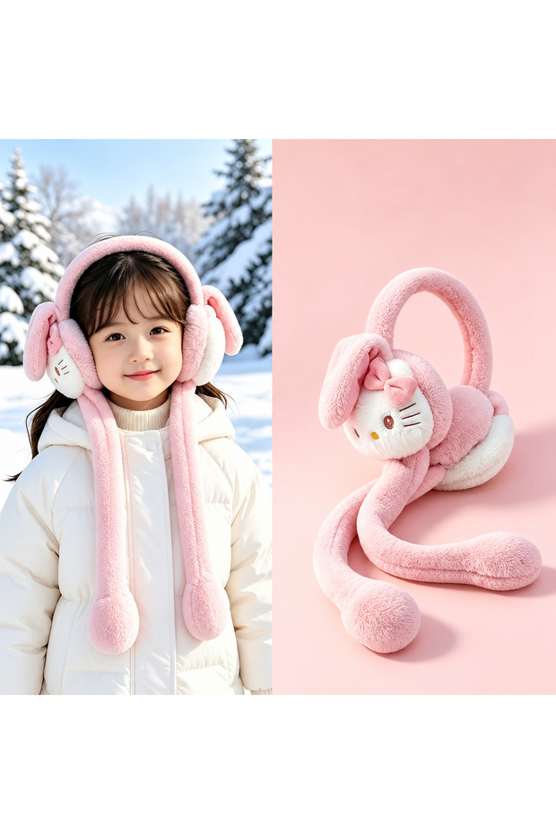 Cute Cat Hello Kittyyy Patterned Teen Pink Girls' Plush Playable Ear Sound Activated Movable Winter Warmer Rabbit Ears Bowknot Long Sleeve Winter Earflap Hat