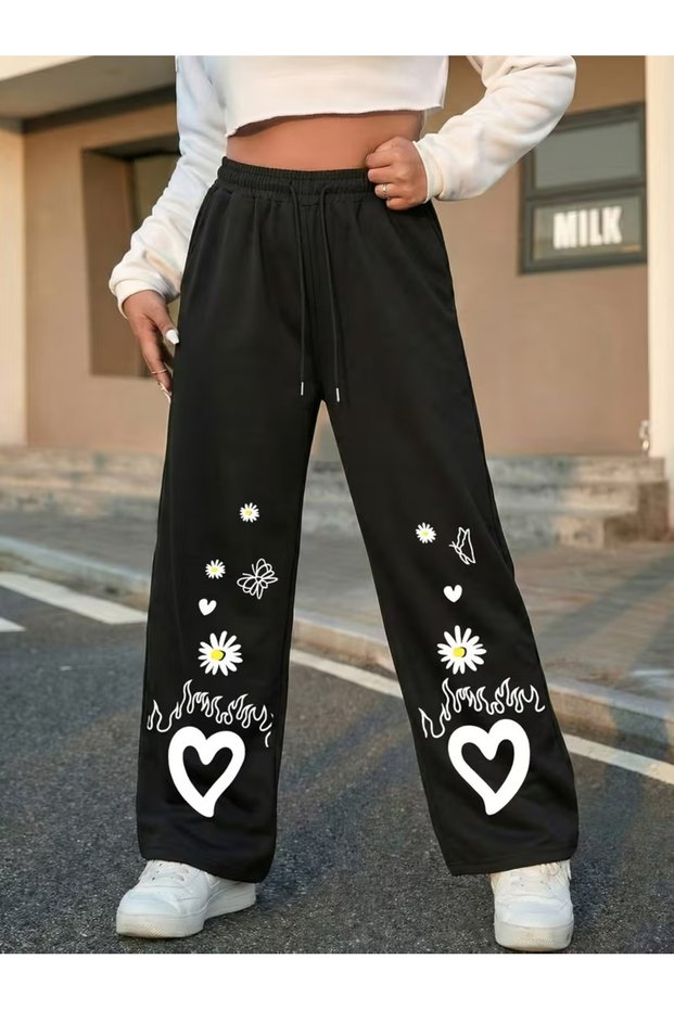 Unisex Oversize Wide Leg Printed Black Sweatpants