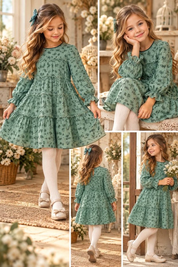 Layered Muslin Fabric Long Sleeve Girls' Dress 2-9 Years