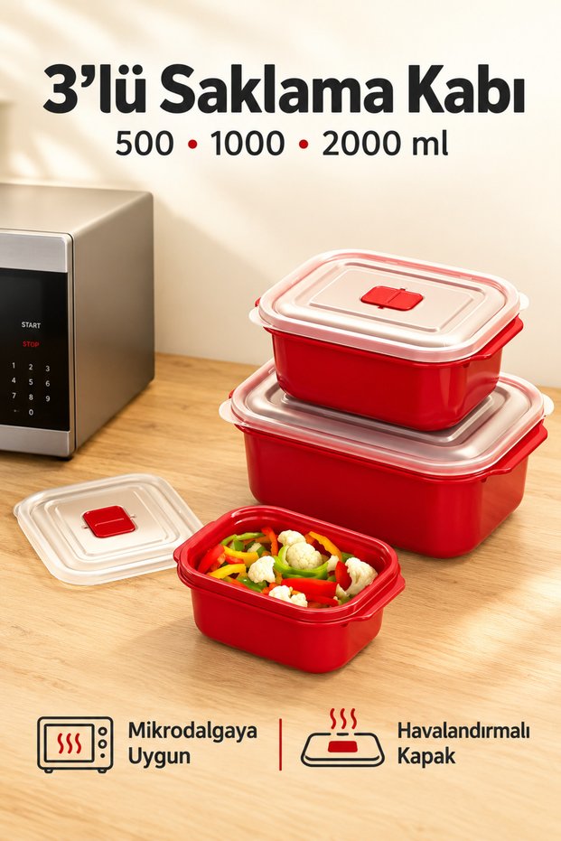 Set of 3 Microwavable Storage Containers with Ventilated Lids, Red, 500-1000-2000 ml