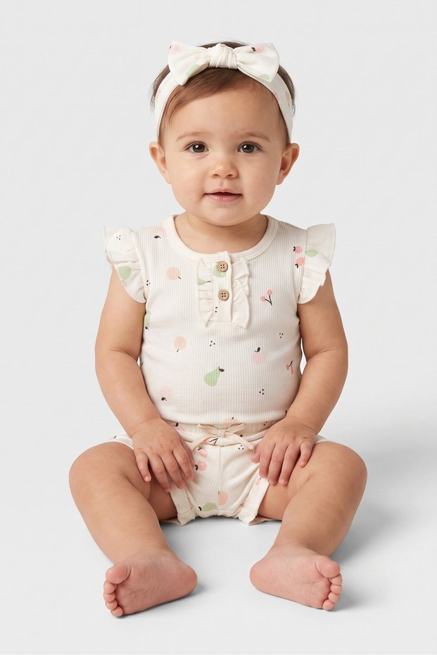 Toddlers Girl 3 Pcs Graphic Print Bodysuit And Shorts With Headband Set, Off White
