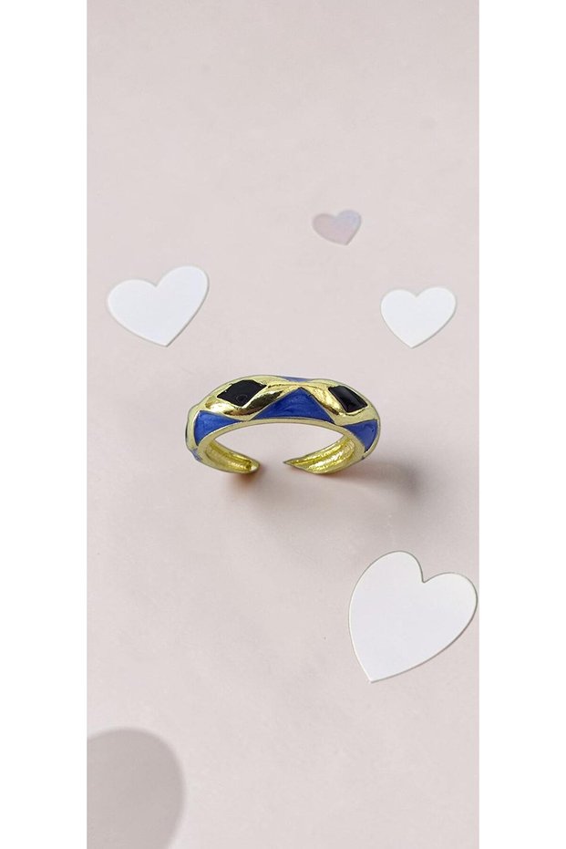 Black Blue Enamel Adjustable Steel Ring with Baklava Pattern