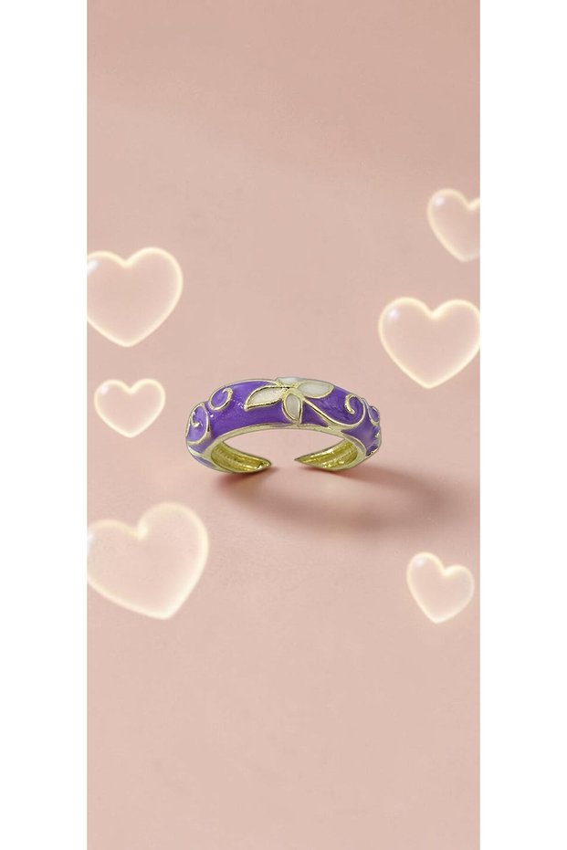 Purple Enamel White Floral Adjustable Steel Ring