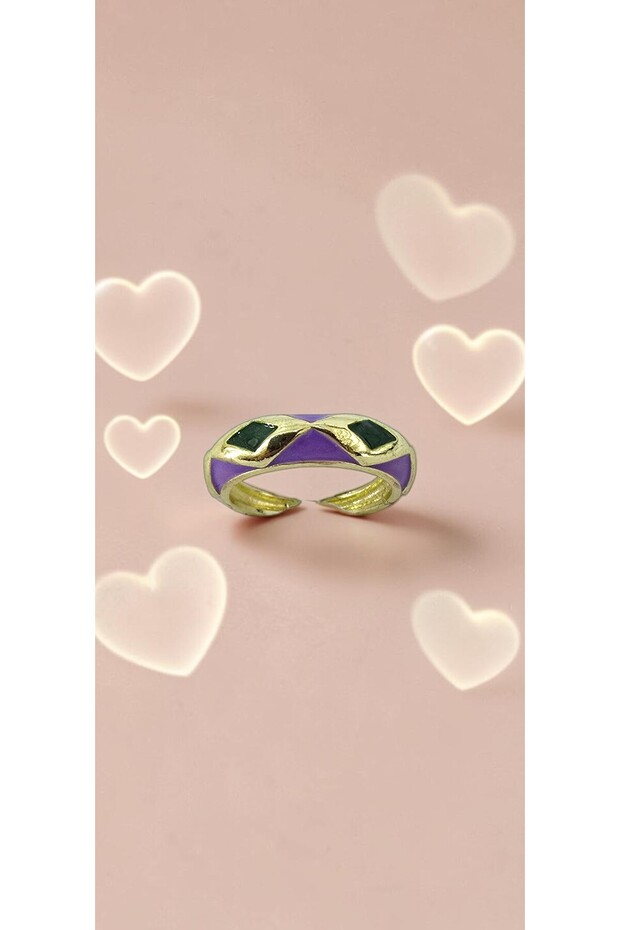 Baklava Patterned Green Purple Enamel Adjustable Steel Ring
