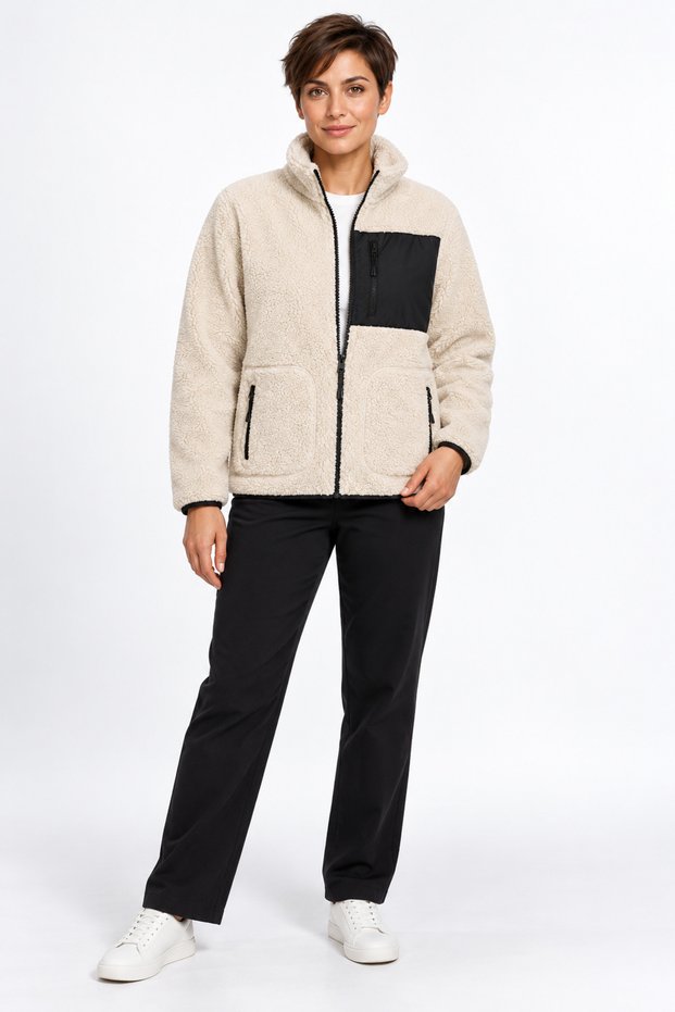 Women's Ecru Color Soft Welsoft Fleece Jacket with Zipper and 3 Pockets