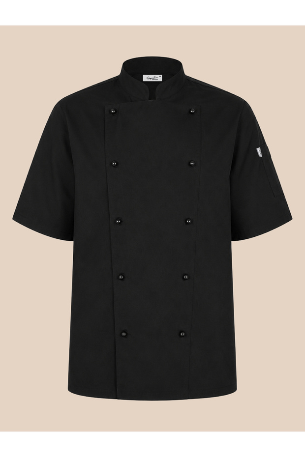 Durable Premium Alpala Fabric - Short Sleeve Double-Breasted Men's Chef Jacket - White / Black - Name Embroidery Gift