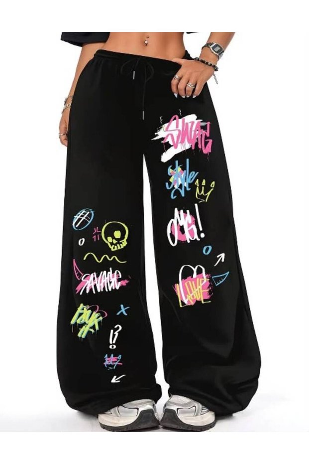 3 Threaded High Waist Graffiti and Lettering Printed Unisex Black Sweatpants