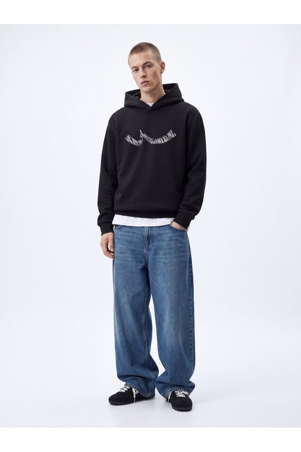 Regular Fit Sign Printed Hooded Black Sweatshirt