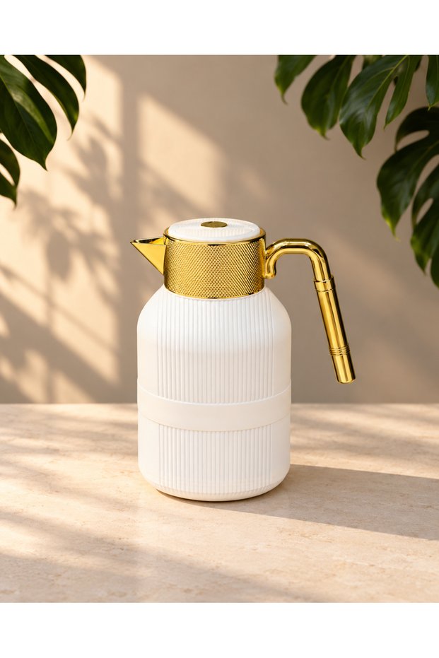 1 L Glass Inner Chamber Polymer Body Jug Thermos Tea Coffee Hot Cold Holder White Gold Detailed
