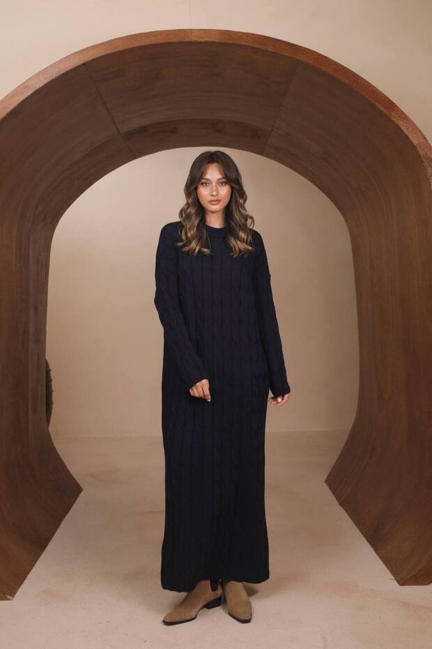 Women's Maxi Length Hair Knitted Embossed Textured Hijab Knitwear Dress 8501