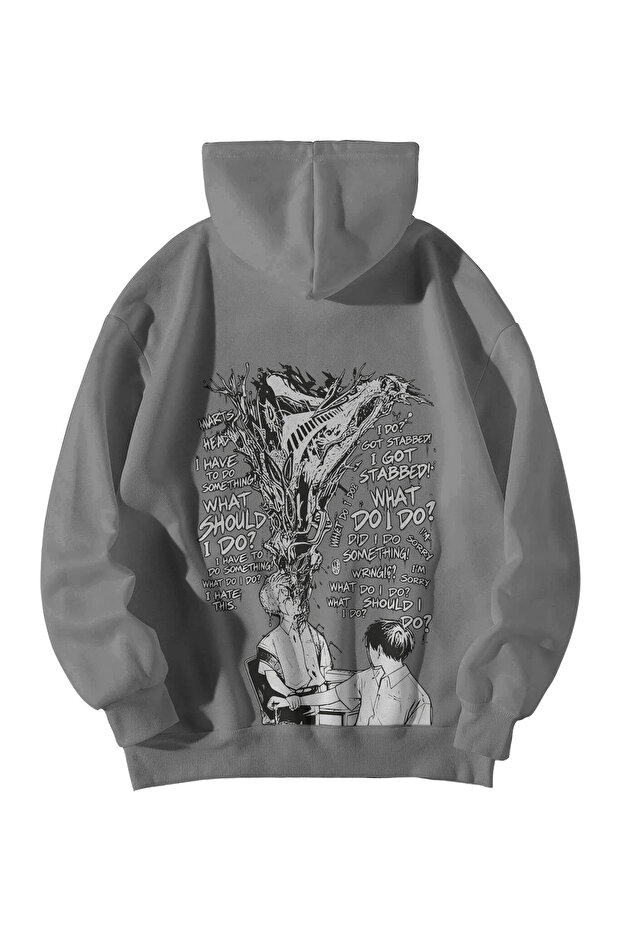 Unisex Anthracite Oversize Hoodie - the Summer Hikaru Anime Printed 3 Thread Threaded Hooded Sweatshirt