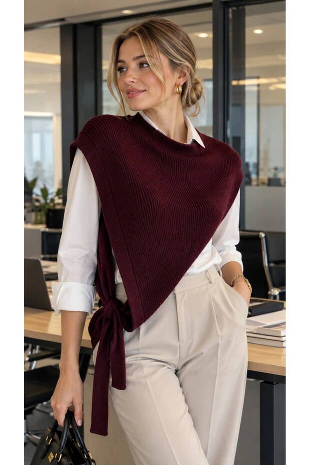 Burgundy Knitwear Asymmetrical Women's Shoulder Shawl with Neck Loop