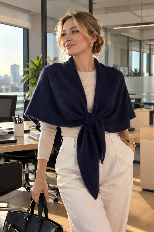 Navy Blue Soft Textured Knitwear Triangular Women's Shoulder Shawl