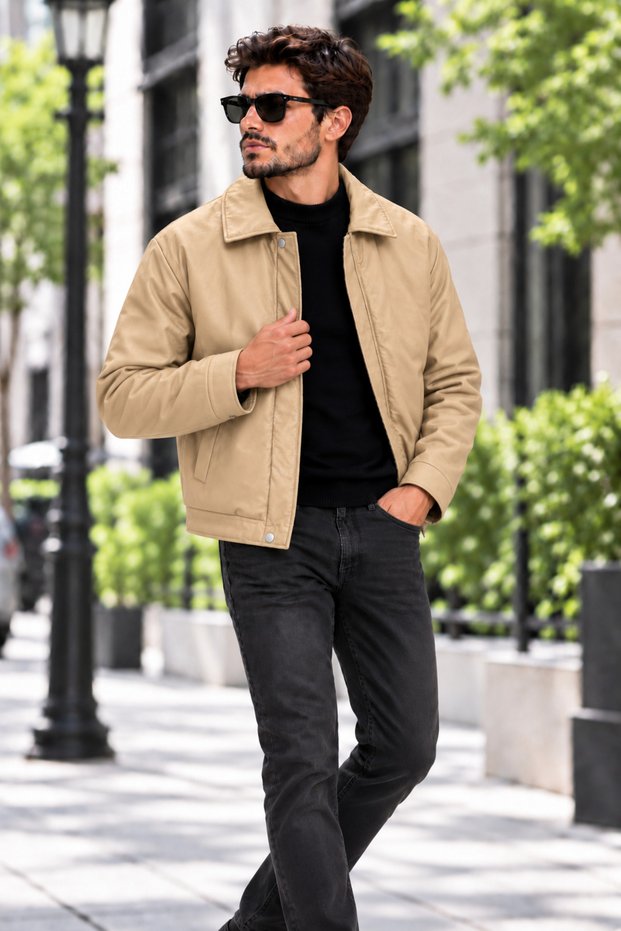Oversize Men's Classic Collar Leather Coat with Fleece Fur Inside - Windproof Jacket