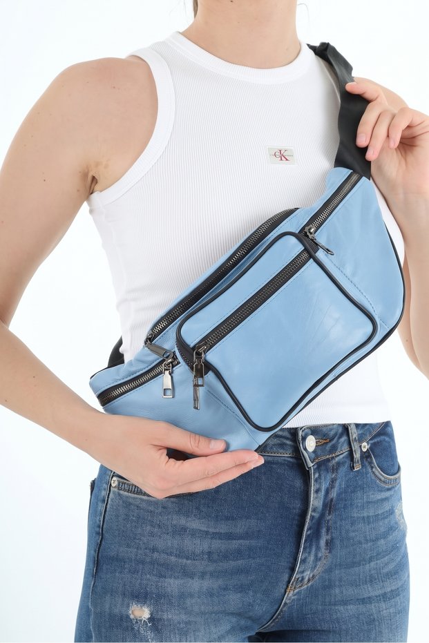 Unisex Baby Blue Multi-Pocket Genuine Leather Freebag Waist Bag and Shoulder Bag