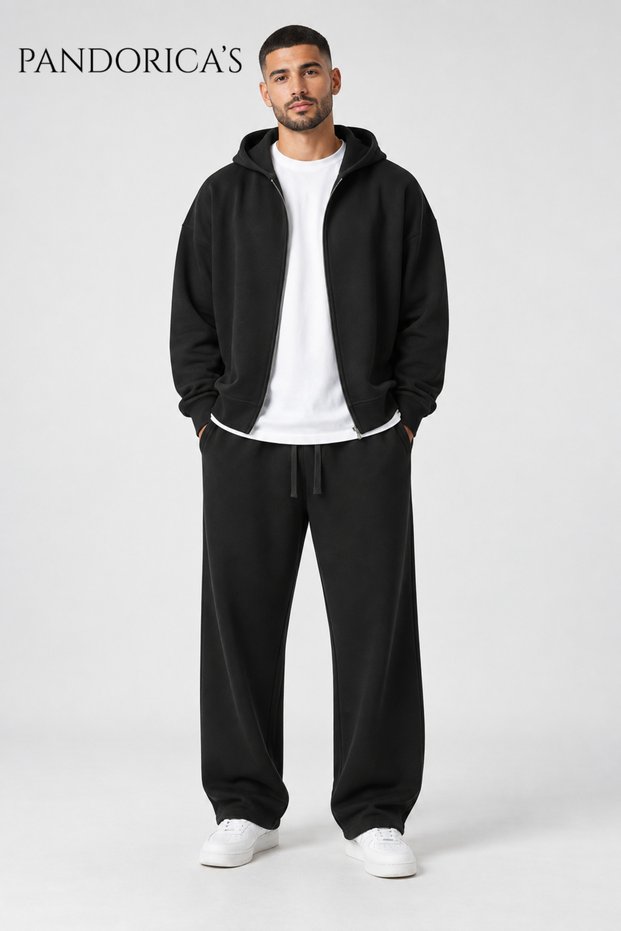 Unisex Black Zippered Hooded Cardigan Baggy Tracksuit Set 100% Cotton 3 Yarns Seasonal/Winter
