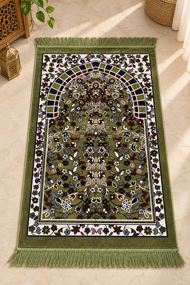 Luxurious Velvet Woven Prayer Rug with Soft Texture and Fringes, Ravza Patterned Prayer Mat, Green