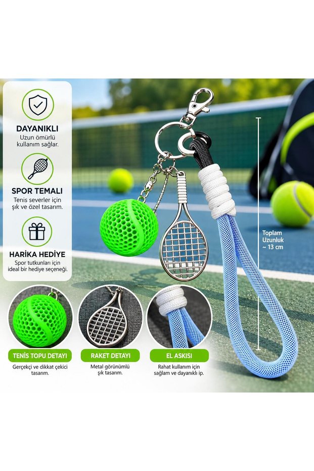 Tennis Themed 3D Keychain – with Metal Racket and Ball Figures, Black Mesh Strap