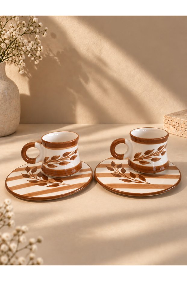 Leaf Patterned Handmade Ceramic Serving Bowl Brown 2-Piece Coffee Cup Set