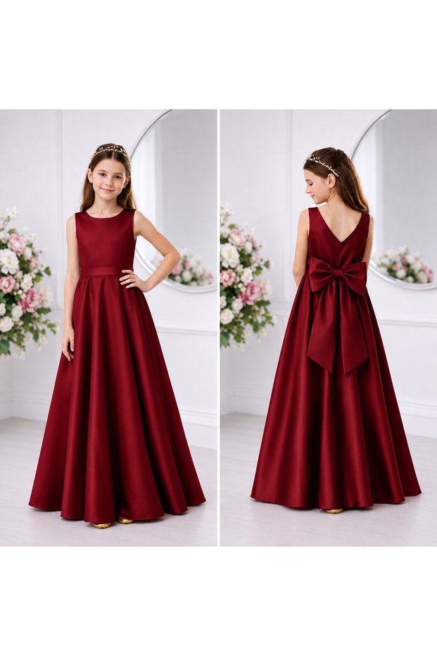 Girl's Sleeveless Plain Satin Stylish Evening Dress - Holiday Party Bridesmaid Dress