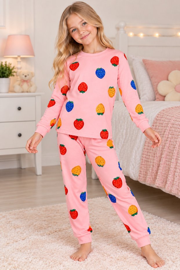 Girl's 100% Cotton Pink Strawberry Patterned Long Sleeve Pajama Set