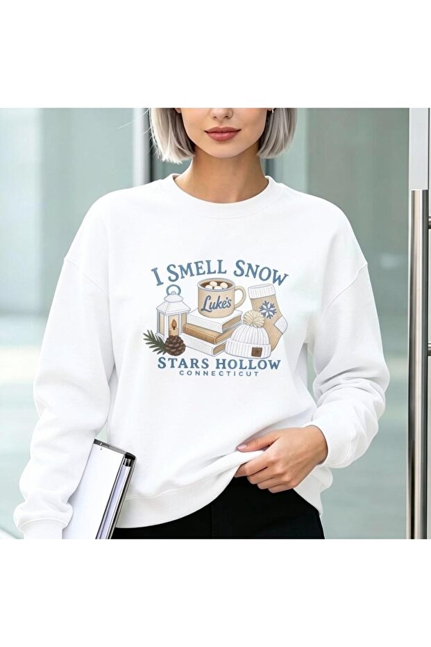 Gilmore Girls Stars Hollow I Smell Snow Printed Cotton 3 Yarn Threaded Crew Neck Oversize Sweatshirt
