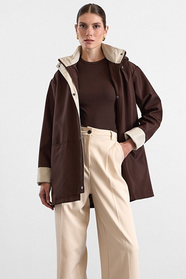 Garni Detailed Detachable Hooded Oversized Short Trench Coat Brown 6935