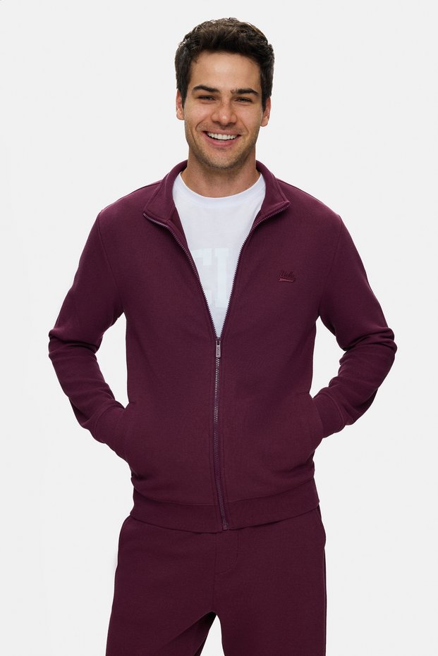 Rayan Burgundy Zippered Embroidered Standard Fit Men's Pique Sweatshirt
