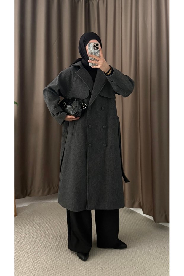 Double-Breasted Collar Cashmere Coat with Cape Detail - 4766 - Anthracite