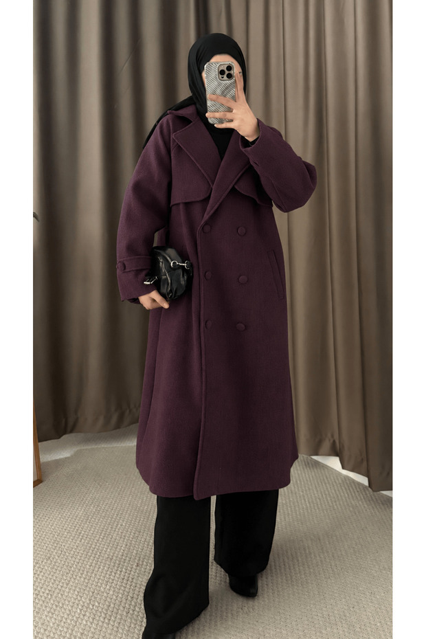 Double-Breasted Collar Cashmere Coat with Cape Detail - 4766 - Plum