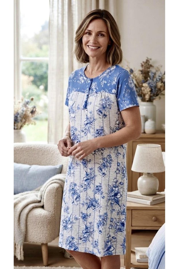 Rm 9215035 blue floral half sleeve half buttoned nightgown