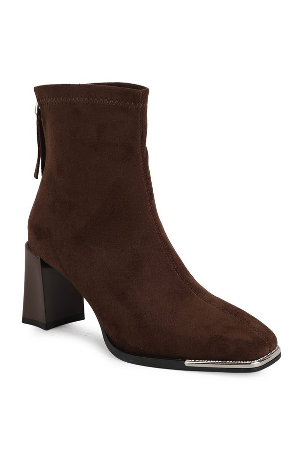 K26-0024 Women's Suede Metallic Toe Detailed Back Zipper Chunky Block Heeled Boots
