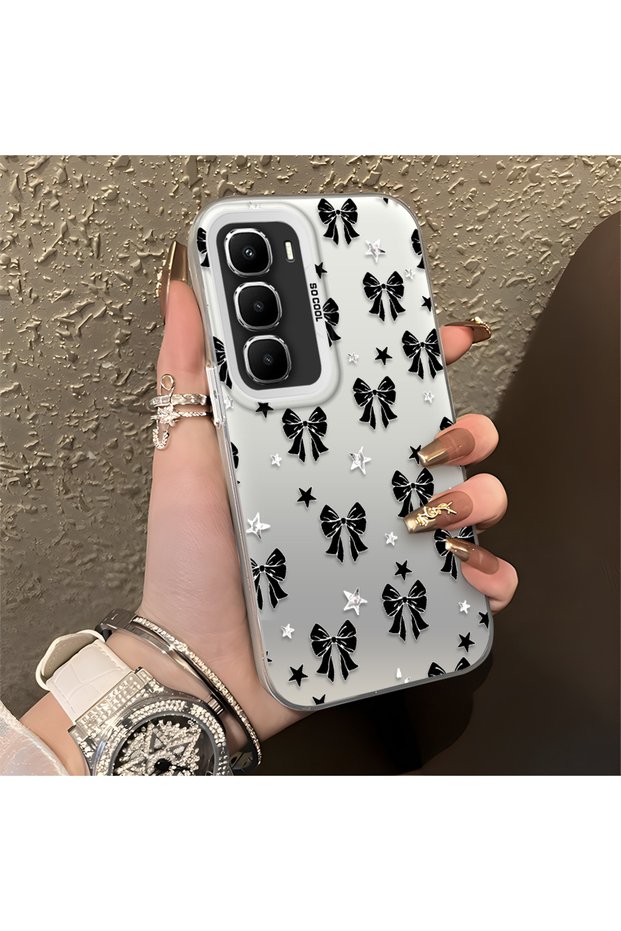 Infinix Hot 60 Pro Compatible Stylish Black Bow Full Print Case, Non-Slip Edge, Anti-Fingerprint