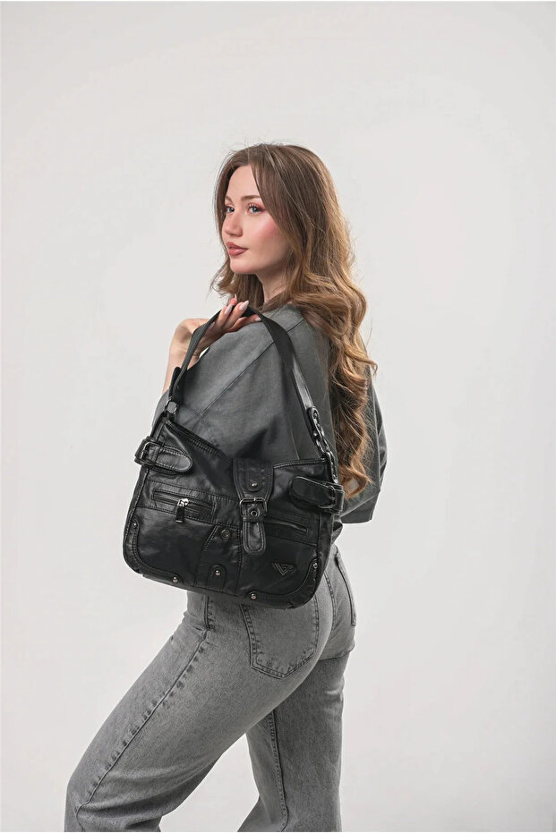 Women's Washed Leather Shoulder Bag Large Size Multi-Compartment Zippered Hand and Shoulder Bag Black 18128