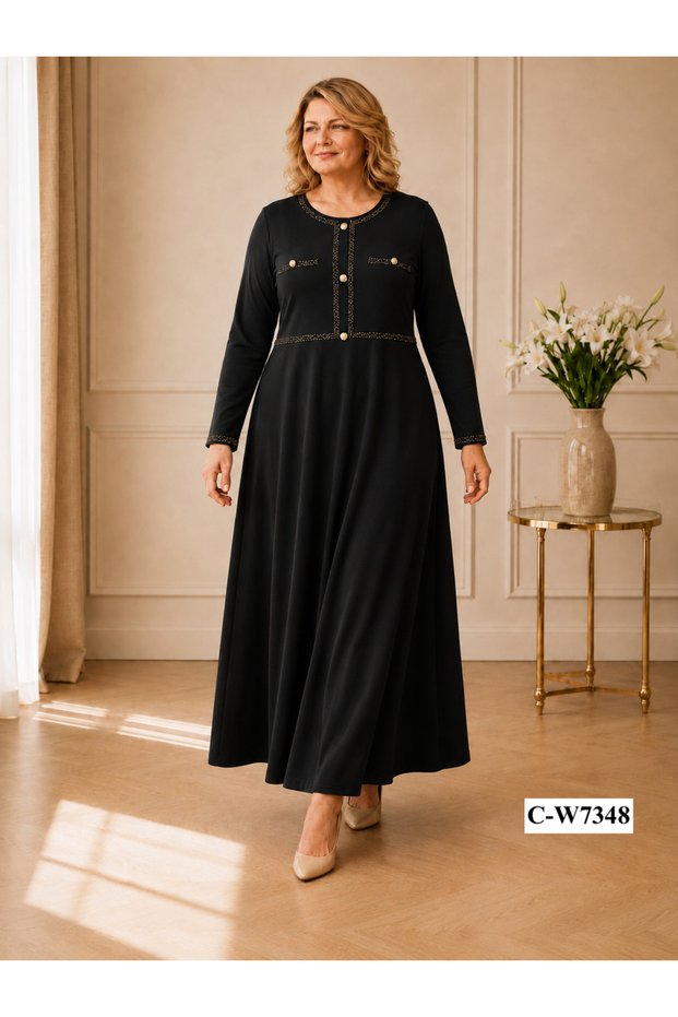 Elegant Stone Buttoned Crystal Viscose Flexible Non-Iron Fabric Plus Size Women's Dress
