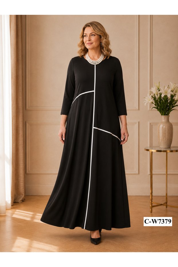 Elegant Piping Detailed Crystal Viscose Flexible Non-Iron Fabric Plus Size Women's Dress