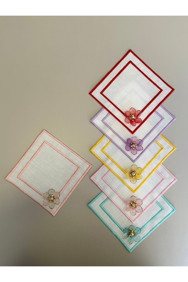 6 Pieces of Square Cocktail Presentation Napkins with Daisy Colorful Brooches and Colorful Embroidery