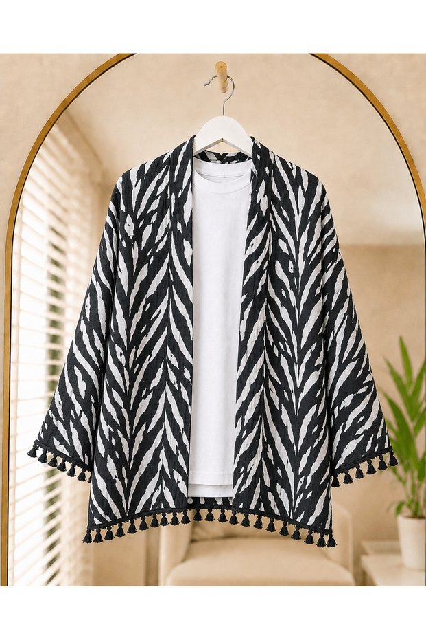 Zebra Pattern Tasseled Kimono - 2492 - Black