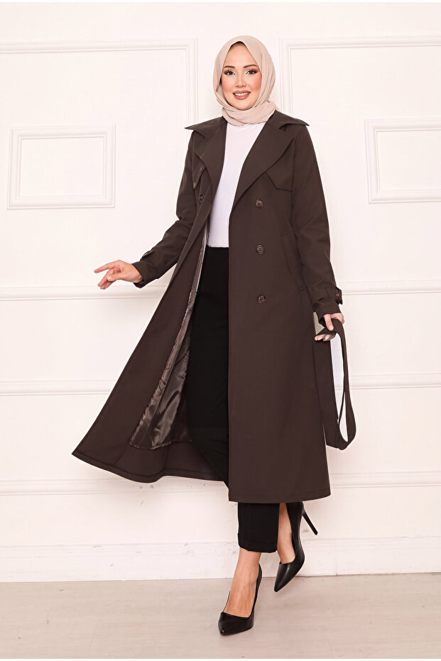 Double-Breasted Button Detailed Lined Long Trench Coat Brown