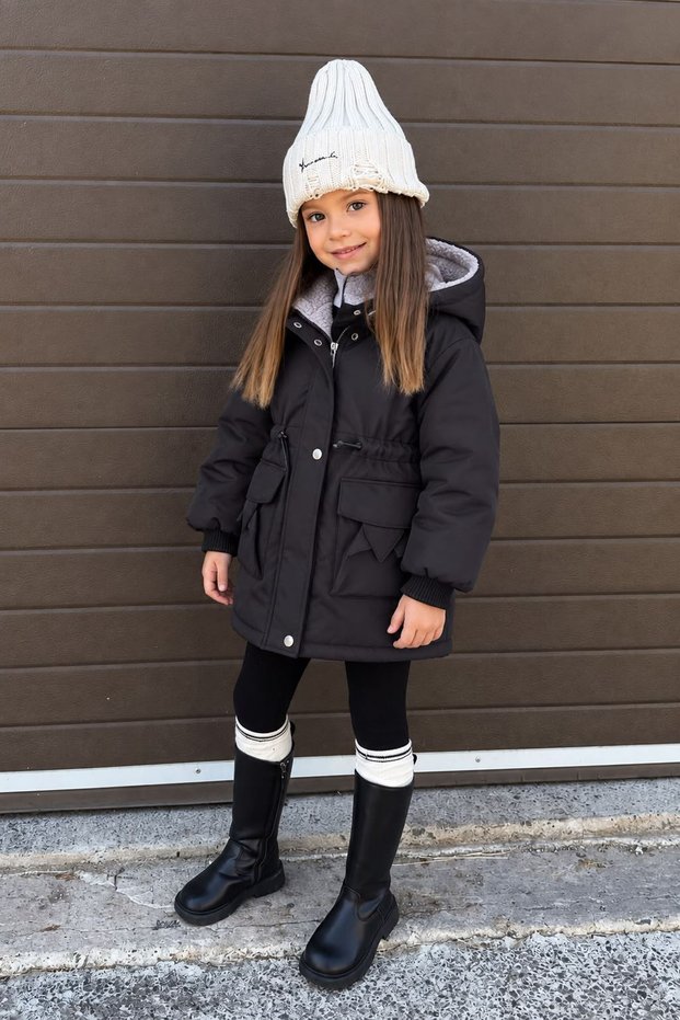 Asymmetrical Cut Unisex Children's Winter Coat - Black