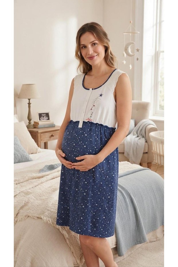 Rm 15224 Navy Blue Starry Strap Maternity Nightgown