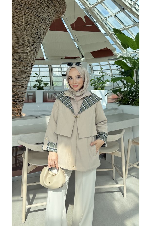 Plaid Hooded Detailed Zippered Women's Trench Coat