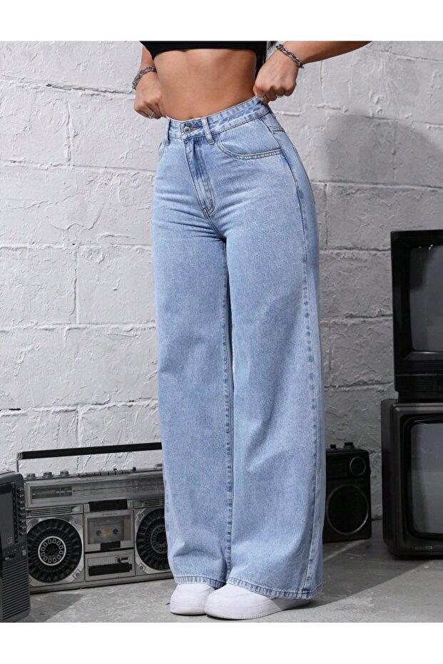 Lodo Women's Light Blue High Waist Washed Wide Leg 90's Jeans Fit Fit Pants