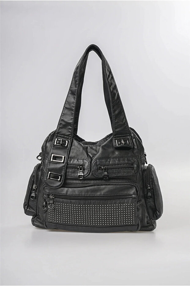 Women's Washed Leather Shoulder Bag Large Size Multi-Compartment Zippered Hand and Shoulder Bag Black 18163