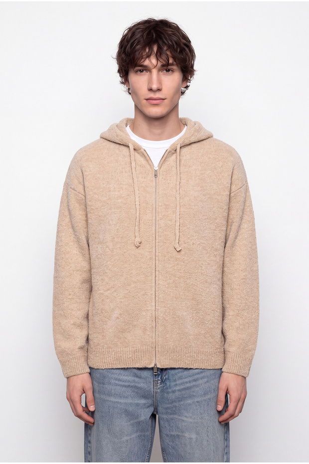 Men's Hooded Zippered Knitwear Beige