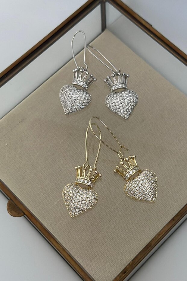 Zircon Stone Detailed Heart and Crown Figured Dangle Earrings Silver