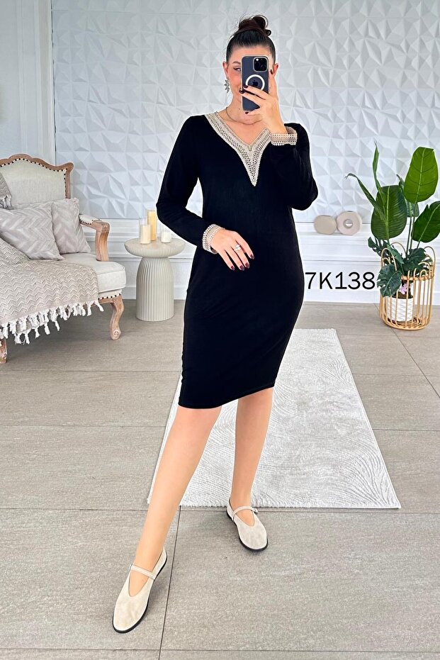 V-Neck Lace Detail Viscose Dress 7K138