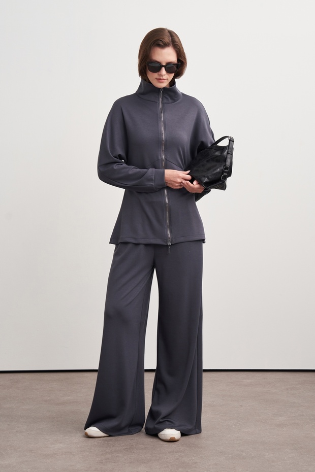Women's Waist-Fitted Zippered Sweat Pants Set Smoked